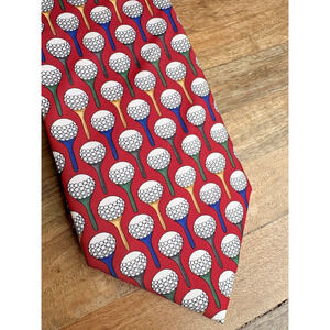Christian Pelini 100% Silk Tie Novelty Print Golf Ball Handmade Red Preppy 57"